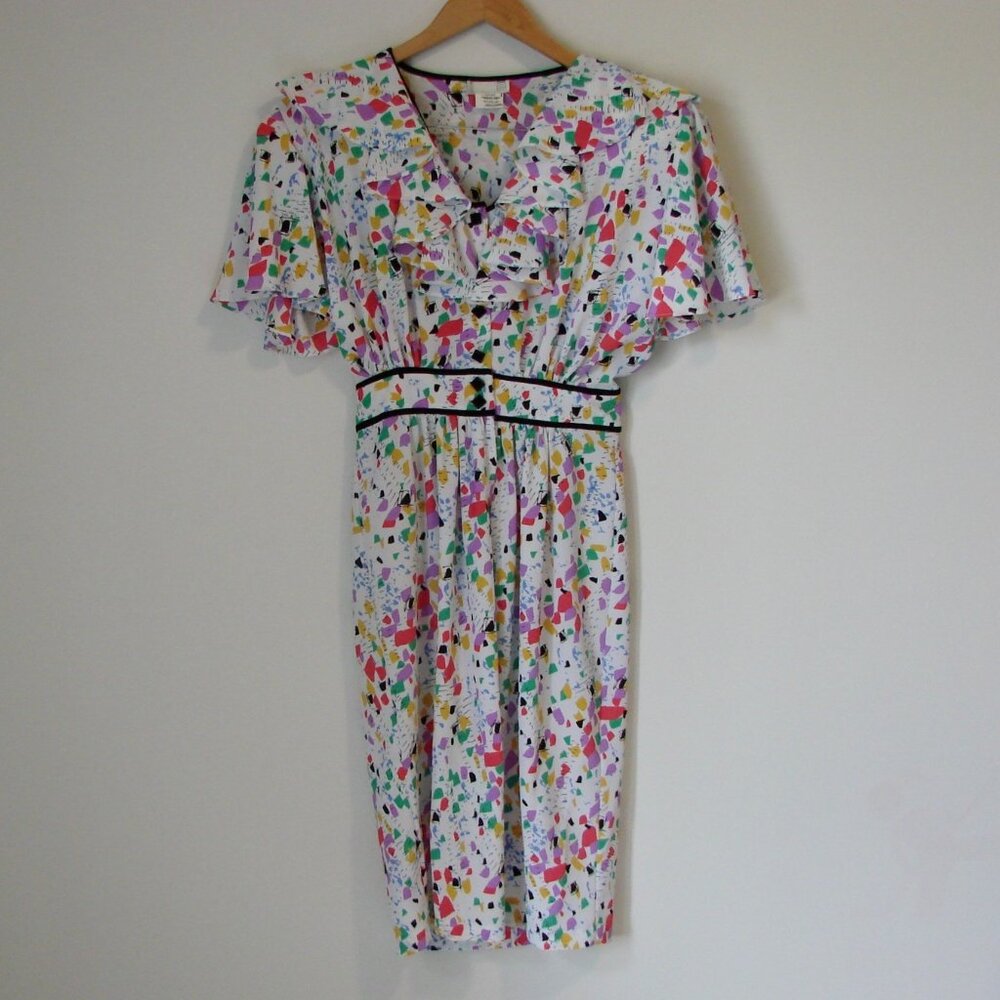 Vintage 80s Ruffle Midi Dress Colourful Geometric Pattern by Kira Size 10 Medium